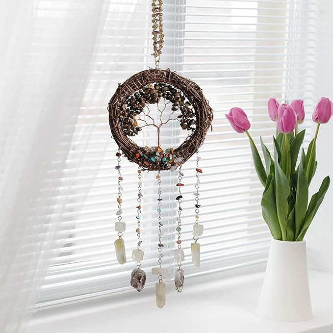 TUOKING Crystal Suncatchers for Window Tree of Life Brown Crystals Vine Wreath Sun Catchers Rainbow Maker Ornament Gift Home Garden Decoration