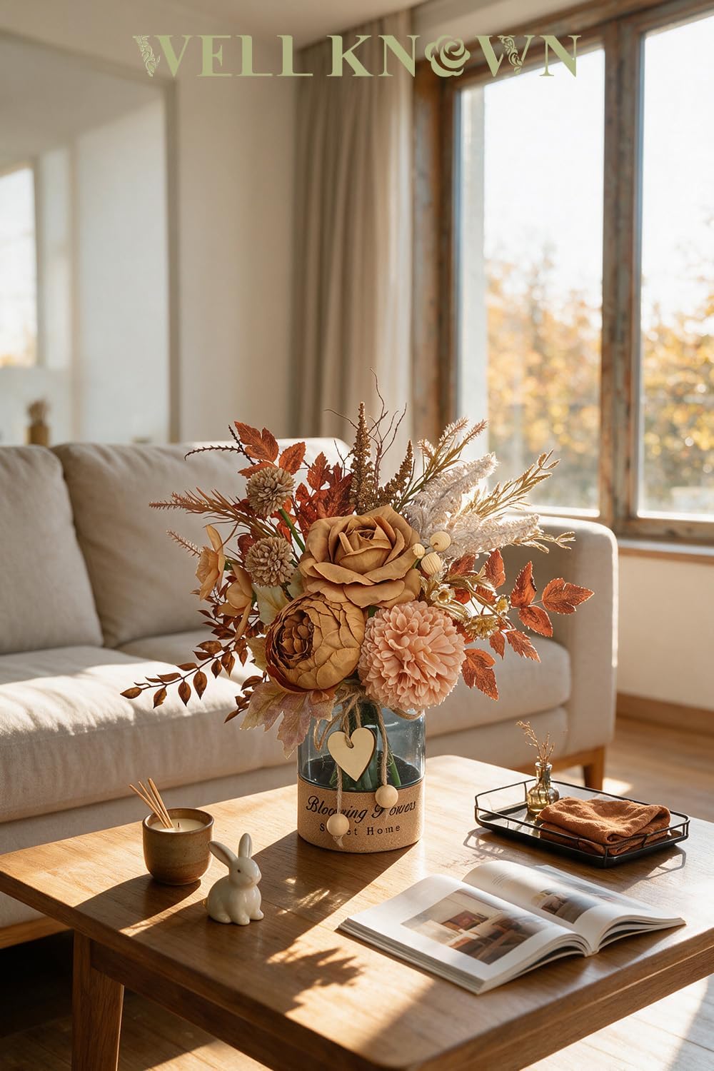 WELL KNOWN Artificial Flower Arrangement with Vase, Coffee Brown Terracotta