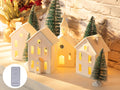 9-Piece Lighted Christmas Village Set, 4 Ceramic Houses & 5 Trees