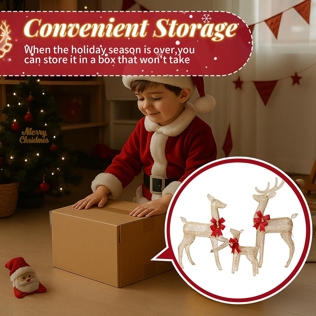 vingli 4ft golden lighted christmas reindeer family set on a desk or shelf