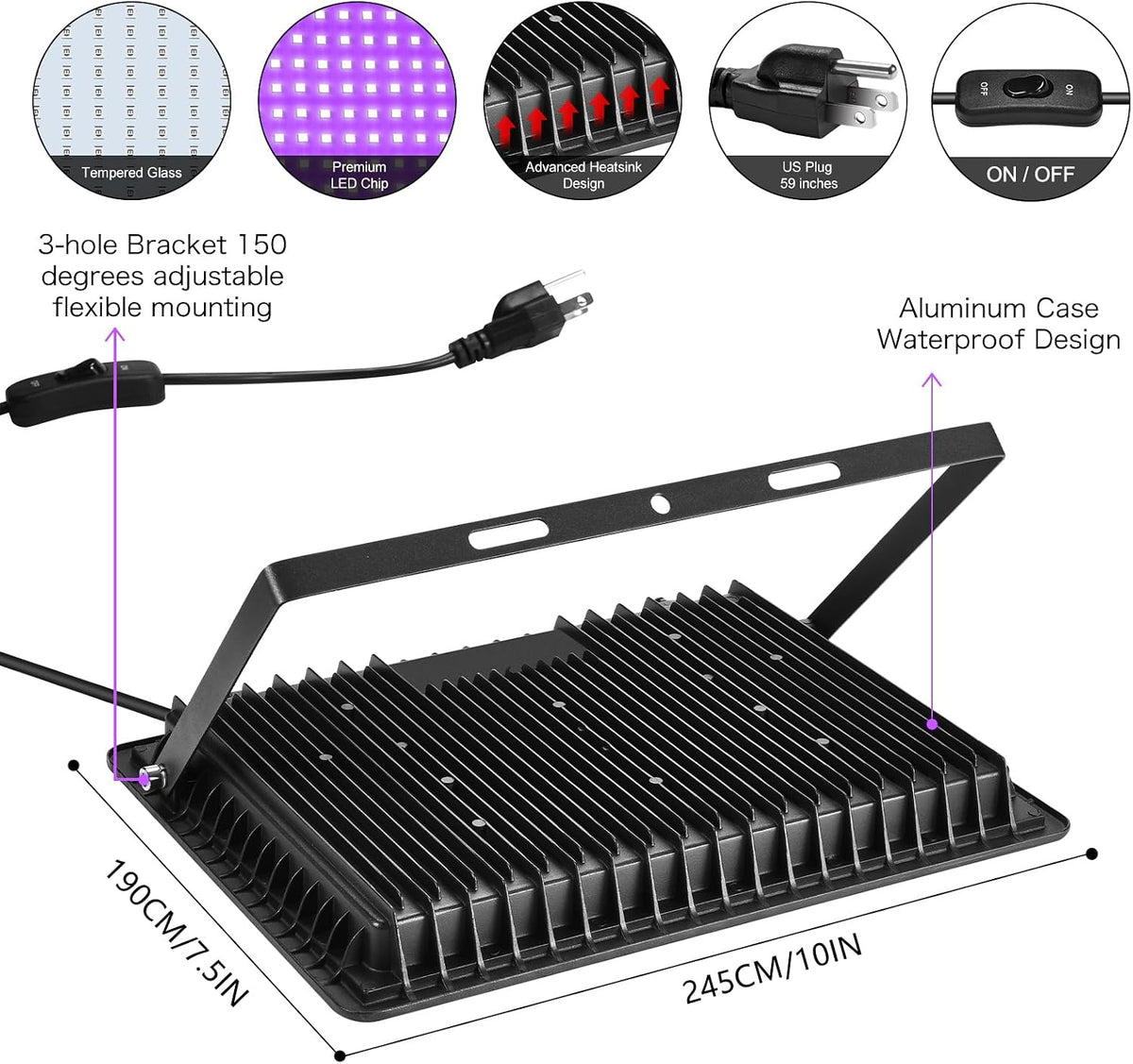 XYCN 4 Pack 150W LED Flood Black Lights,395nm to 405nm UV Outdoor Flood High Power Blacklight Light with Plug in, IP66 Waterproof Large Black Light Spotlight for Glow Party Large Space, Halloween
