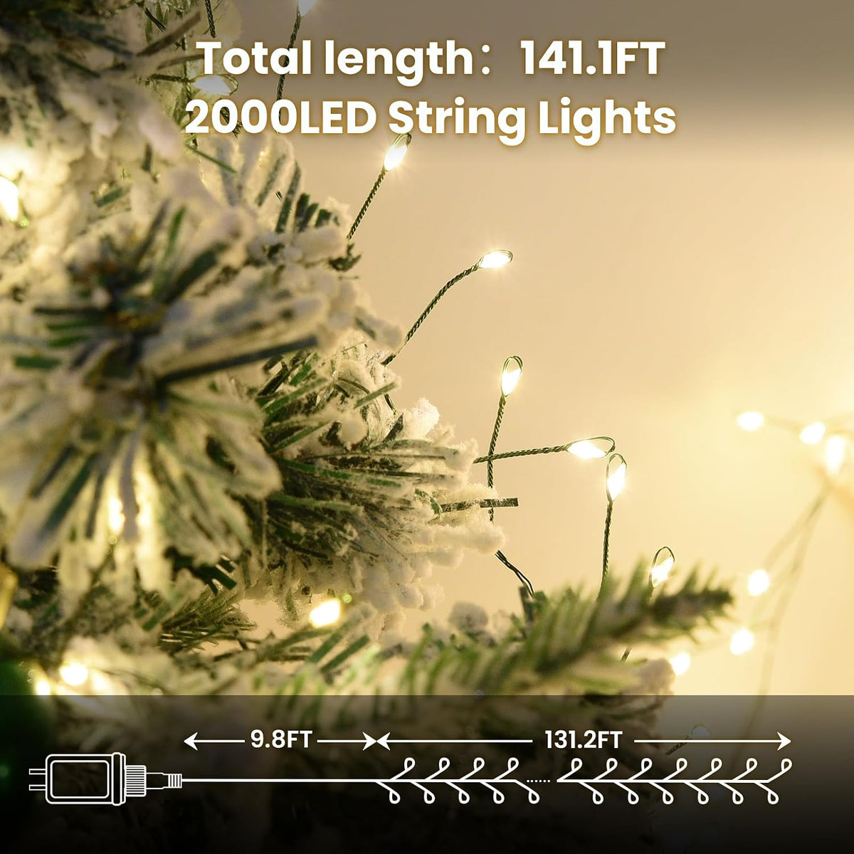 dailyart 2000led fairy lights 130ft christmas lights with, close-up detail