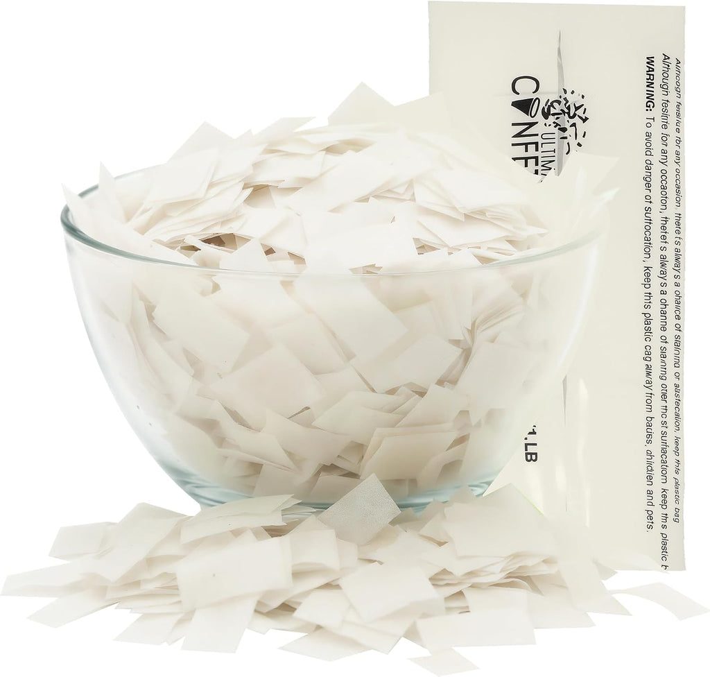 ultimate confetti, biodegradable dissolving rice paper confetti –rectangular, side view