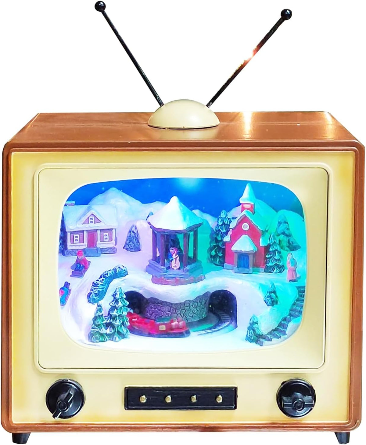 MOMENTS IN TIME 6" Retro TV Christmas Village Scene Animated Train, LED Lights, Plays 8 Classic Holiday Songs Battery Operated, Hand-Painted Polyresin Winter Décor Gift
