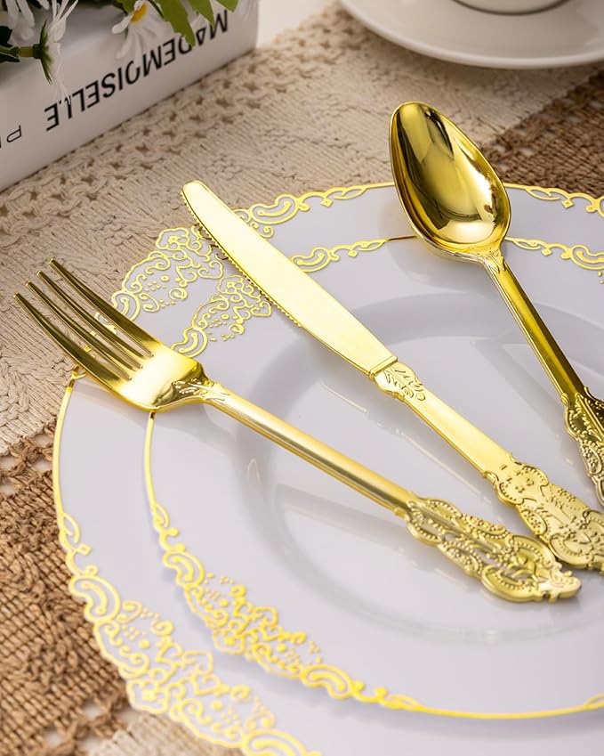 Goodluck 350 Piece Gold Plastic Dinnerware Set for 50 Guests, Fancy Disposable Plates, Include: 100 Gold Rim Plastic Plates, 150 Silverwares, 50 Pre Rolled Napkins, 50 Cups for Party, Wedding