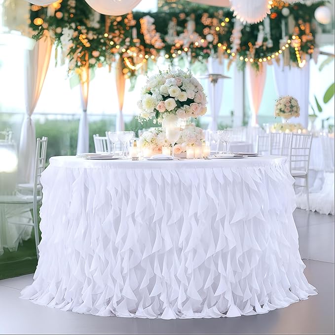 Partisky White Tulle Curly Willow Table Skirt for Rectangle Table 9ft, Ruffle Tutu Table Cloth for Wedding,Bridal Shower, Baby Shower,Birthday Party