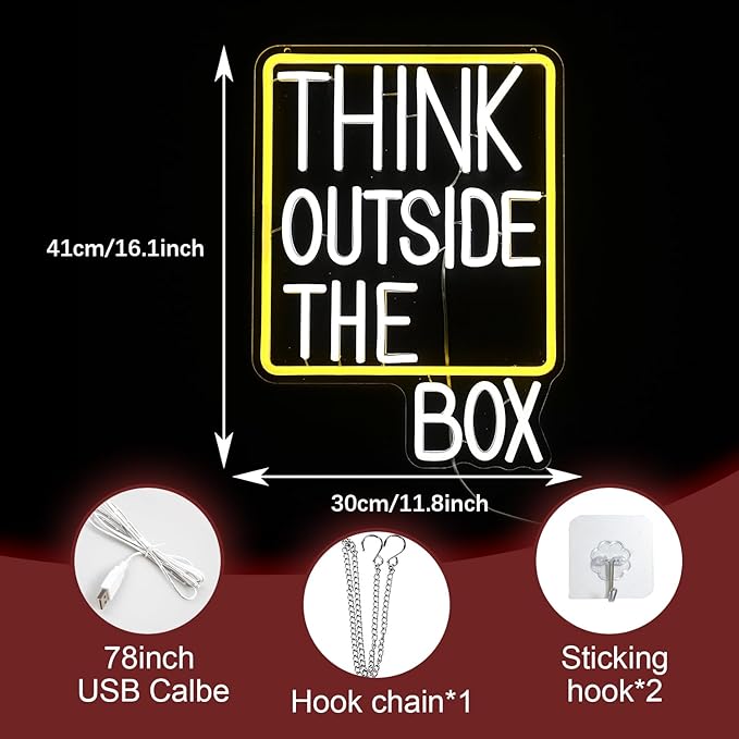 Think Outside The Box Neon Sign Dimmable White Words Neon Light for Wall Decor Led Think Light Up Sign for Study Room Classroom Library Meeting Room Bedroom (16.1 * 11.8 In)