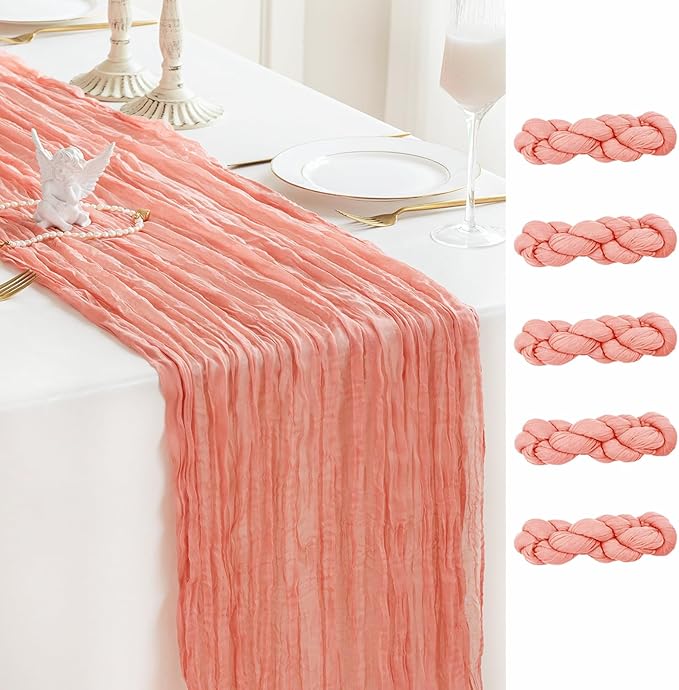 Sioloc 5 Pack Peach Coral Cheesecloth Table Runner Fall Autumn Decor for Home 10ft Table Cloth for Tea Wedding Birthday Party Baby Bridal Shower Halloween Thanksgiving