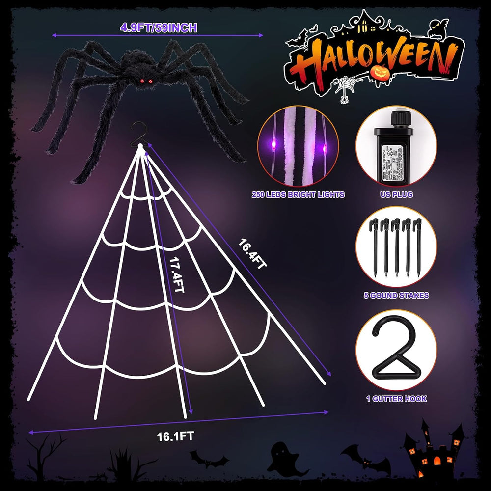 Halloween Decorations 16.4Ft Spider Web with LED Lights & 59" Giant ...