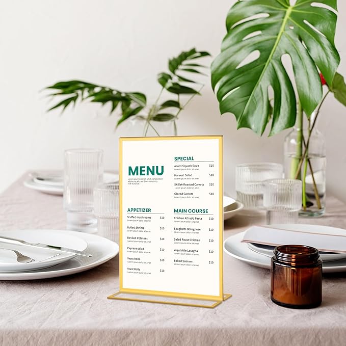 8 Pack Gold Acrylic Sign Holders 8.5x11 Inch, Double Sided Vertical Stand Clear Frames, Table Menu Display Holders for Wedding Table Numbers, Restaurant Signs, Events, Office and Store Posters