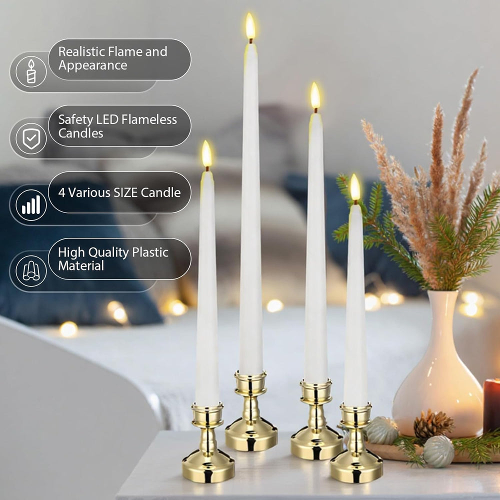 Rossesay 12 Pcs LED Taper Candles Holders, Gold Holder & White Candles