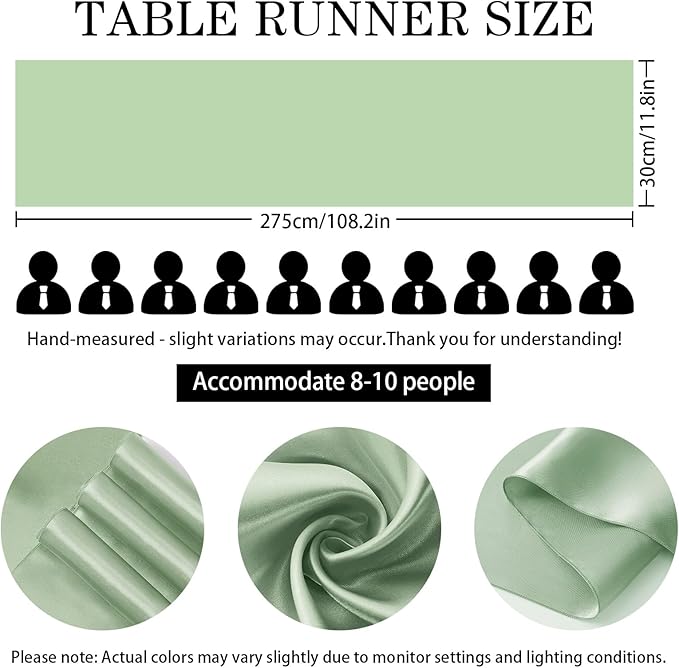 10 Pack Sage Green Satin Table Runner 12x108 Inches Long, Bright Silky Smooth Satin Table Runner Table Decor for Wedding Banquet Christmas Prom Event Birthday Party
