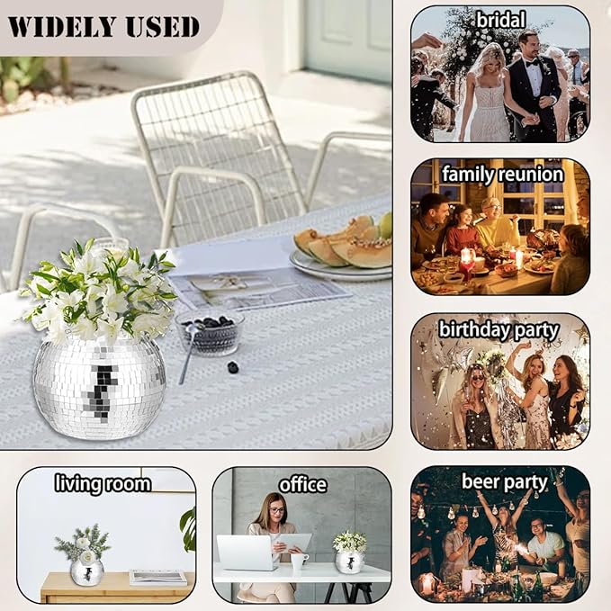 6 Pcs Disco Ball Vase,Plastic Disco Ball Centerpieces Silver Disco Ball Planter Mirror Disco Ball Ice Bucket Disco Ball Decor Can Be Used for Wedding Centerpieces,Birthday,Office(9 Inch)
