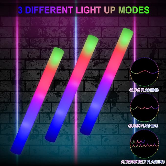 LifBetter 112 pcs Glow Foam Sticks, LED Glow Sticks 3 Modes Colorful Flashing, Foam Glow Sticks Bulk, Glow In The Dark Party Supplies for Weddings Parties Festivals Raves Concerts Sporting Events (118 pcs)