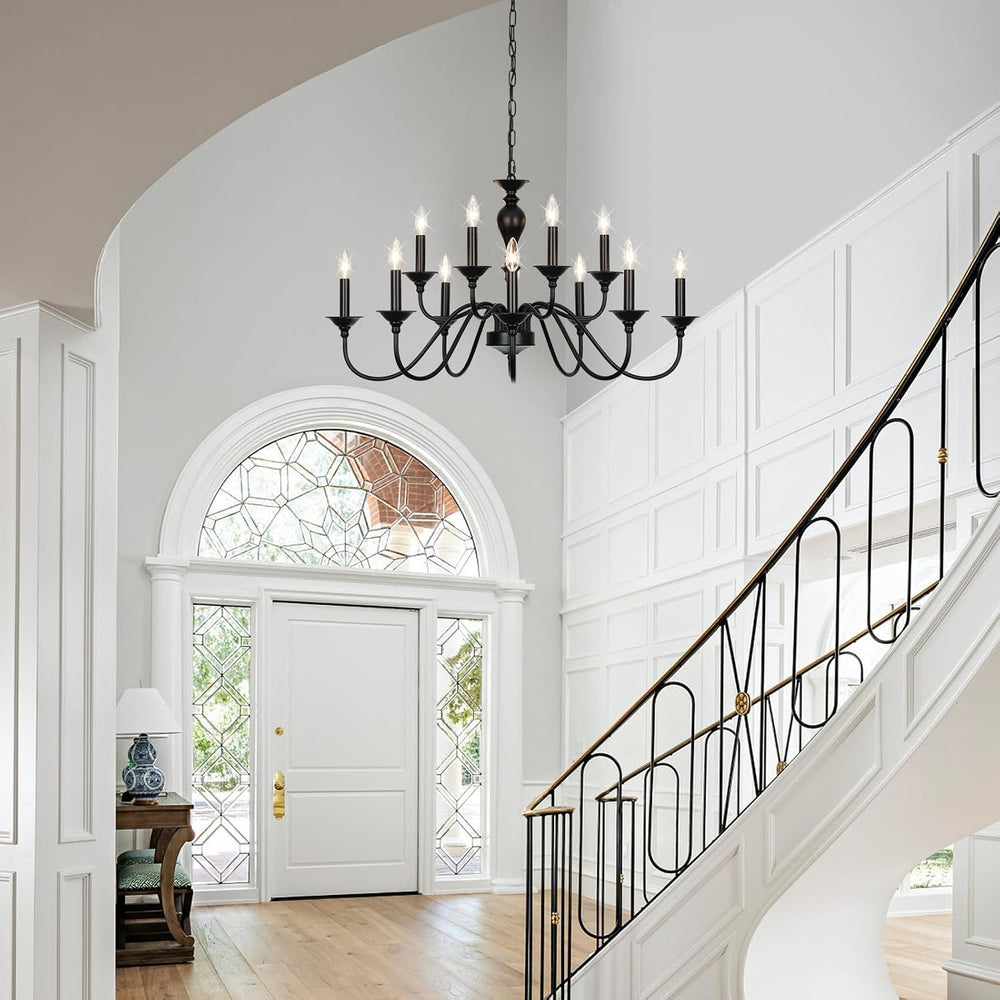 12-Light Black Farmhouse Chandeliers for Dining Room Light Fixture 37"