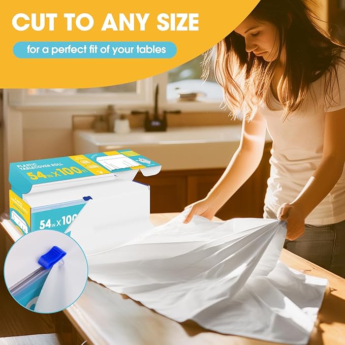 White Plastic Table Cover Roll - 54IN x 100FT, Table Cloth for Rectangle Table with Slide Cutter, Plastic Table Cloth Disposable with Cut-to-Size Design for Weddings, Banquets, Parties