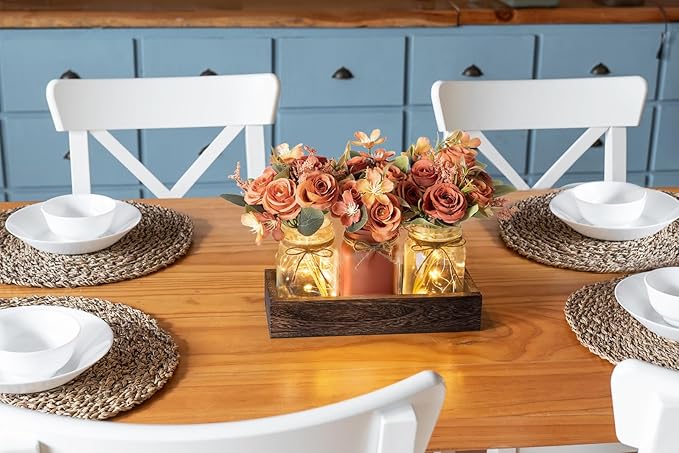 Mkono Mason Jar Lights Centerpiece Table Decorations for Dining Room Farmhouse Coffee Table Decor Tray with 3 Jars Flowers Centerpieces Fall Decor for Kitchen Living Dining Room, Orange