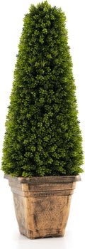GOFLAME 3FT Artificial Boxwood Topiary Tree, Faux Boxwood Tree with Cement-Filled Pot, Fake Potted Bushes and Shrubs for Indoor & Outdoor Porch Garden Patio, No Maintenance Needed