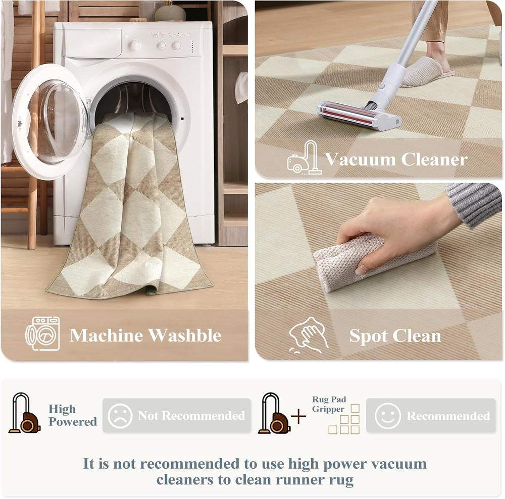 Beeiva Checkered Print Carpet Runners for Hallway 12ft, Beige Neutral Washabl...