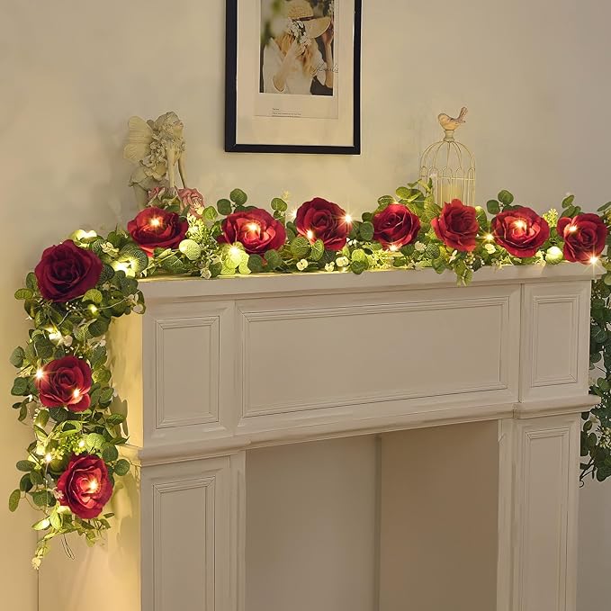 Dolicer 2Pcs 13Ft Artificial Eucalyptus Garlands with Flowers - 8 Roses, Faux Floral Greenery Garlands with 13Ft String Lights Fake Flowers Vines for Wedding Table Centerpieces Arch Party Decor (Red)