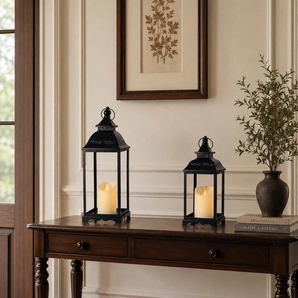 Decorative Metal Lanterns Outdoor Indoor, Set of 2 Black Candle Lanterns