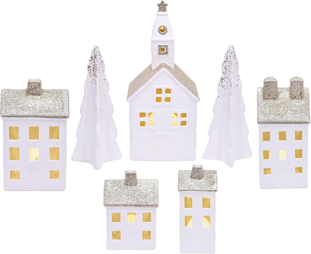 Mark Feldstein White Glitter Porcelain Christmas Village LED, 9 Pc