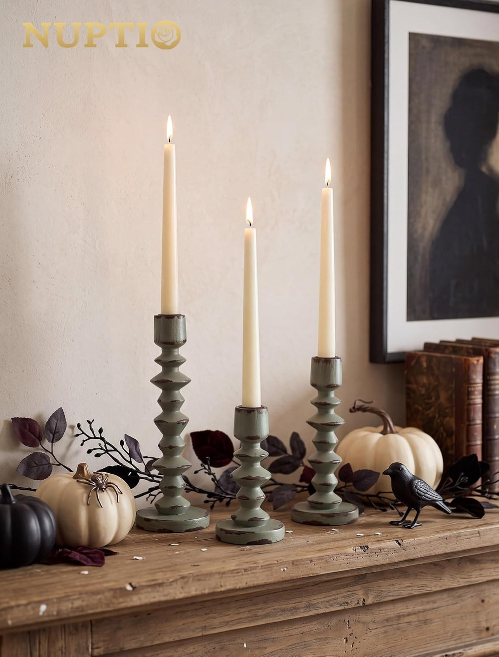 NUPTIO Wood Vintage Candlestick Holders: Set of 3 Rustic Green for Tapers