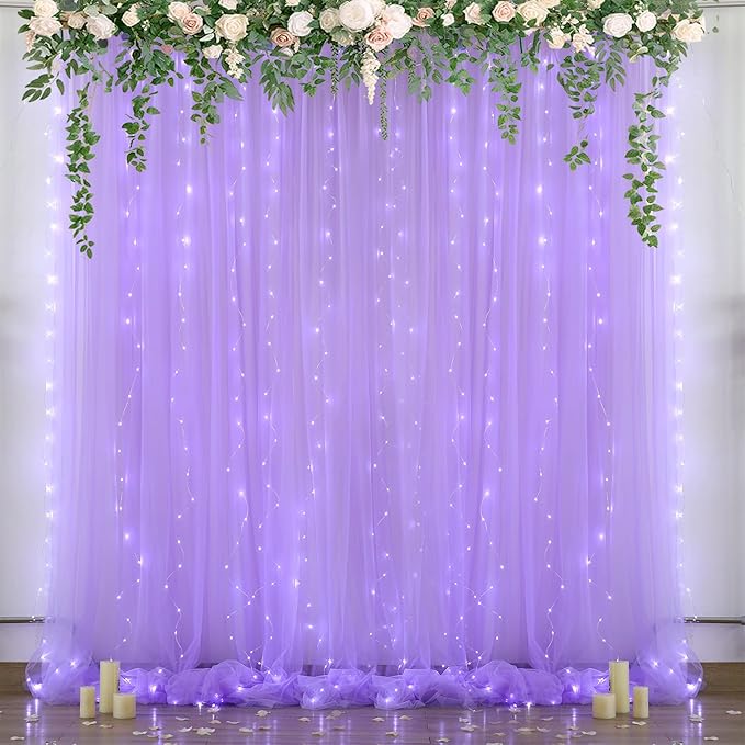 Lavender Tulle Backdrop Curtain with Lights String for Wedding Baby Shower 20×10ft Lavender Sheer Backdrop Curtain for Bridal Shower Birthday Party Photoshoot Background Decorations(4 Panels 5×10ft)