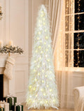 5 FT Shaggy Pop Up Christmas Tree with 50 Timer Lights, White Collapsible Artificial Tinsel Christmas Pencil Tree for Home Apartment Office Holiday Party Decor, Easy Assembly