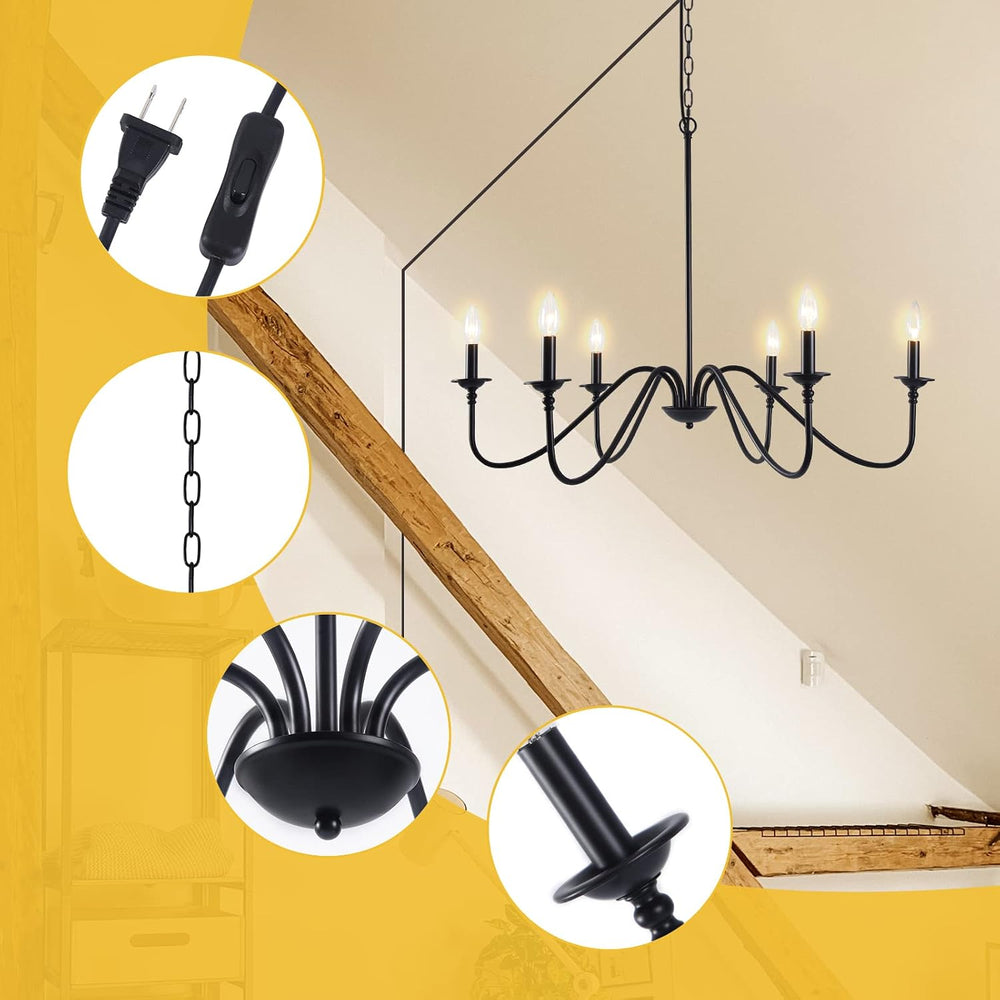 HOXIYA PRE-Wired Plug in Chandelier, 34.6" Black Chandelier with Long Co...