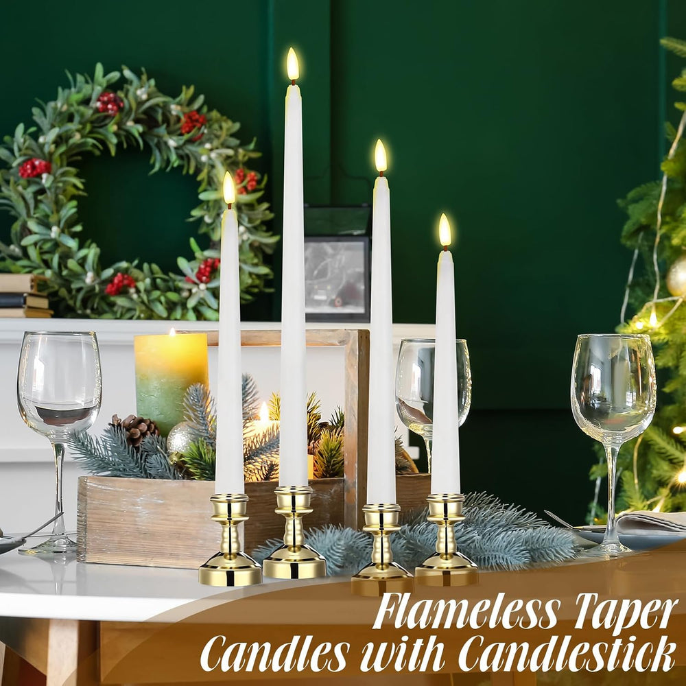 Rossesay 12 Pcs LED Taper Candles Holders, Gold Holder & White Candles