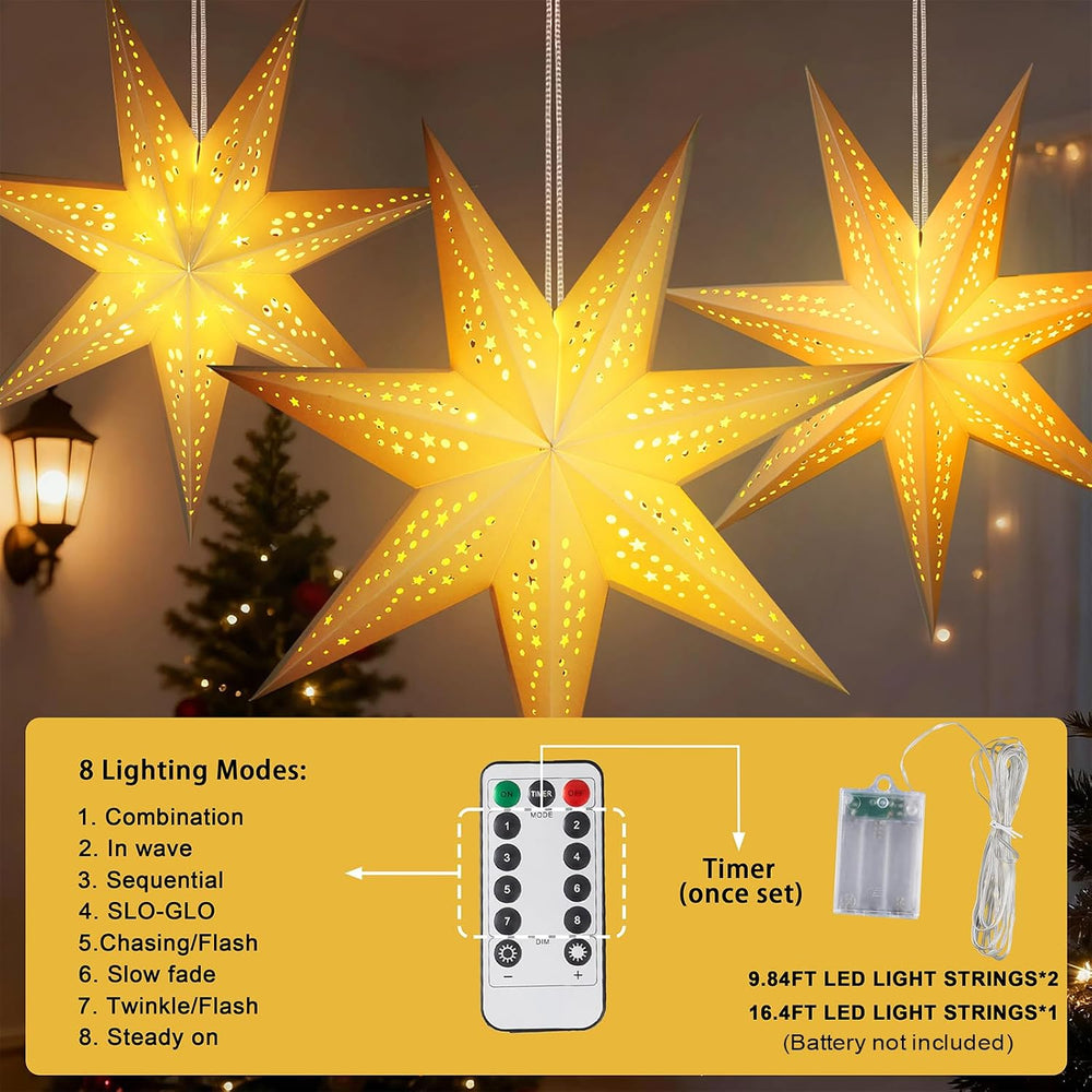 Paper Star Lanterns with Lights, Christmas Hanging Decor Indoor, 3-Pack