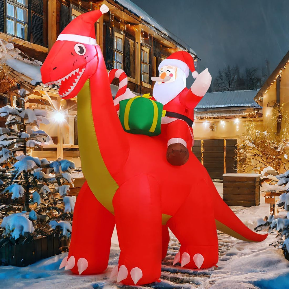 8.5FT Christmas Inflatable Outdoor Decorations Santa Riding Dinosaur
