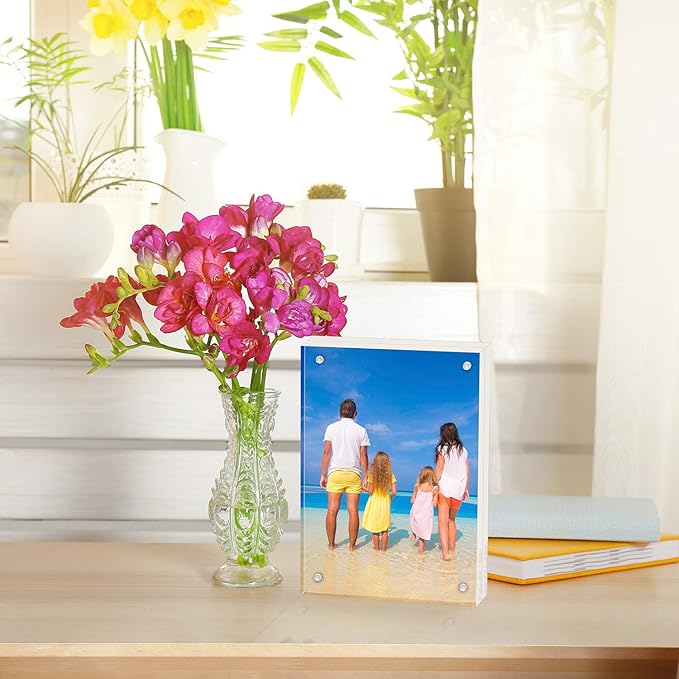 Meetu Acrylic 4x4 Picture Frame Clear Two Sided Desk Photo Frame Magnetic Frame Inner Size 3x3 with Gift Pack for Display Family Pictures Baby Photos Friends Pictures or Pet Dog Picture（5 Pack）
