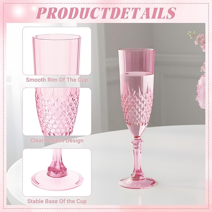 Plastic Champagne Flutes, 24PCS Pink Wine Glasses Goblets Cups Reusable Flute, for Weddings Bachelor Parties Toasting and Events (24, Pink)