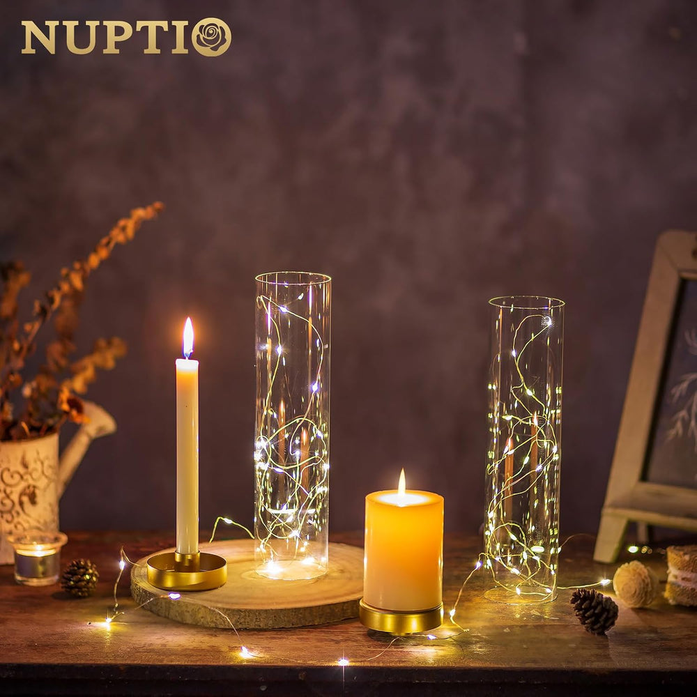 NUPTIO Hurricane Glass Candlestick Holders: 10 Set Bulk Gold Taper Candle Hol...