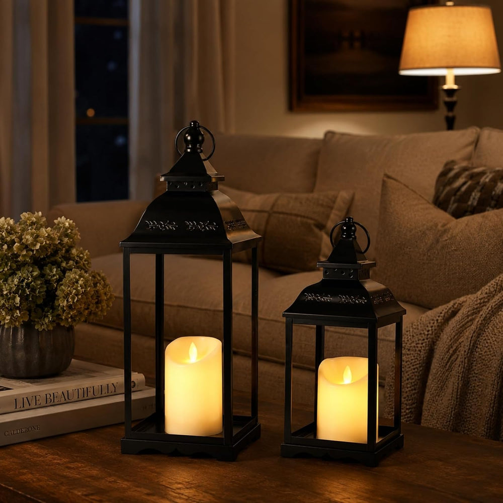 Decorative Metal Lanterns Outdoor Indoor, Set of 2 Black Candle Lanterns
