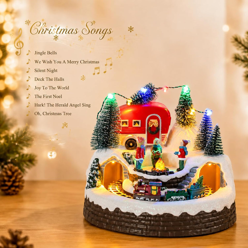 MUMTOP Animated Christmas Village Camper with Moving Train, Holiday Display