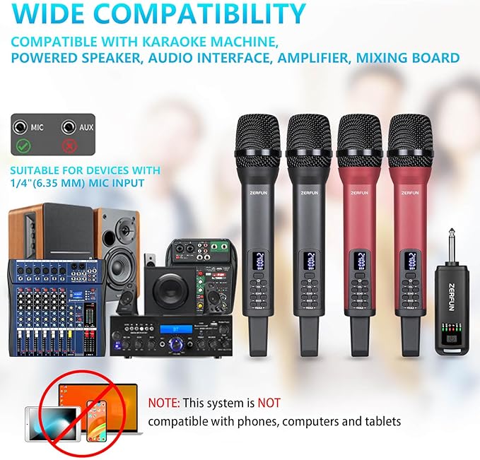 Rechargeable Wireless Microphones 4, Pro Handheld Cordless Mics System Dynamic with Echo Treble BASS VOL Control for Karaoke Singing Church Party, 1/4'' Output, D240, Grey&Red (4 Pack)
