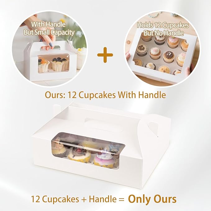 White Cupcake Boxes 12 Count, 30 Pcs Cupcake Containers with Handle, Window, and Inserts – Holds 360 Standard Cupcakes, Food-Grade Gable Boxes for Muffins, Cakes, and Party Desserts