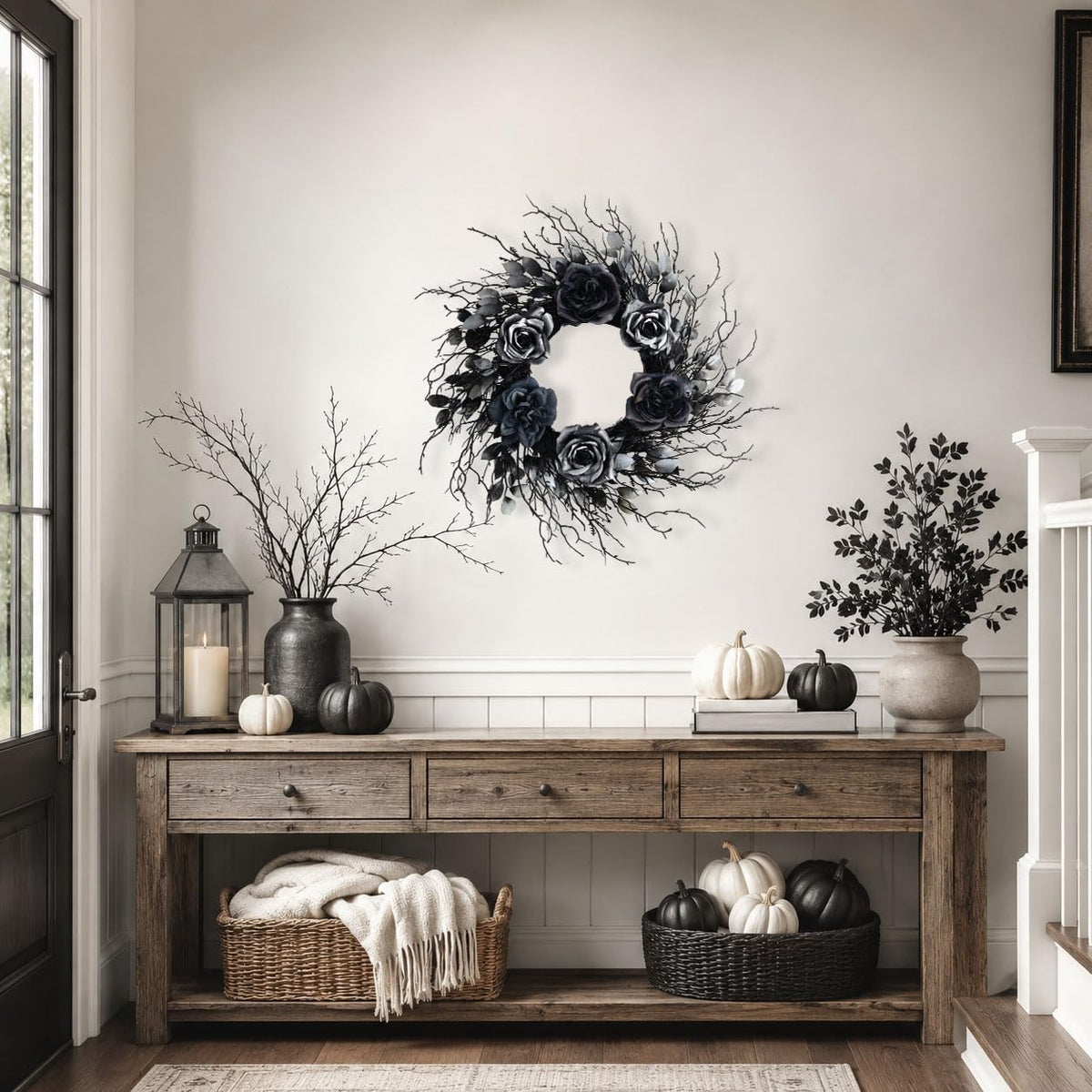 22 inch black and silver halloween wreath with showing dimensions