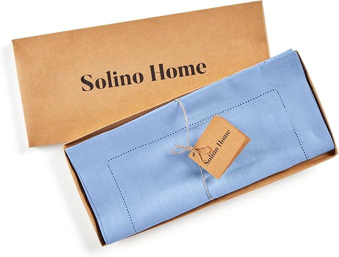 Solino Home Linen Cornflower Blue Table Runner 120 Inches Long - 100% Pure Linen Hemstitch 14 x 120 Inch Table Runner for Dining, Christmas, Holiday - Classic Hemstitch