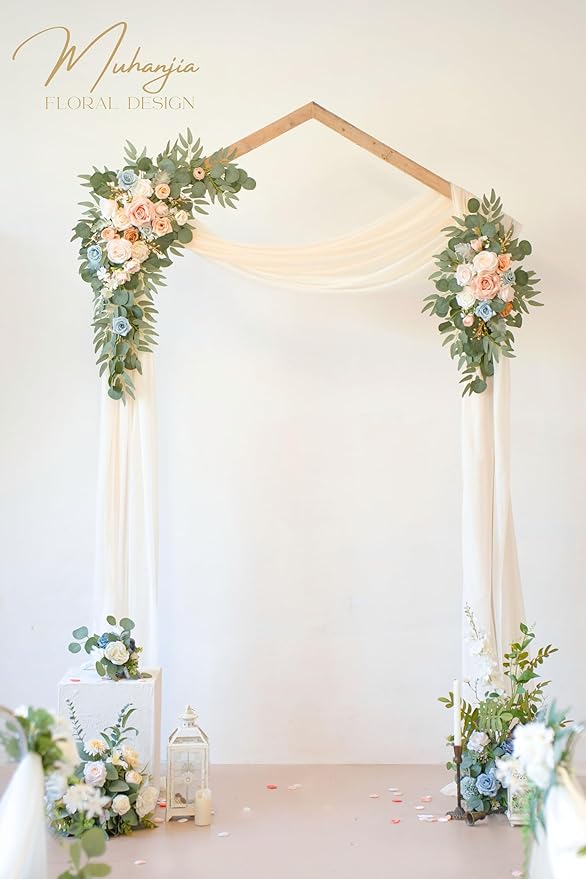 Artificial Wedding Arch Flowers Kit(Pack of 4),2Pcs Artificial Flower Arch Decor, 2Pcs Chiffon Fabric Drapes, Ceremony Decoration, Floral Outdoor Party Decor (Champagne & Blue)