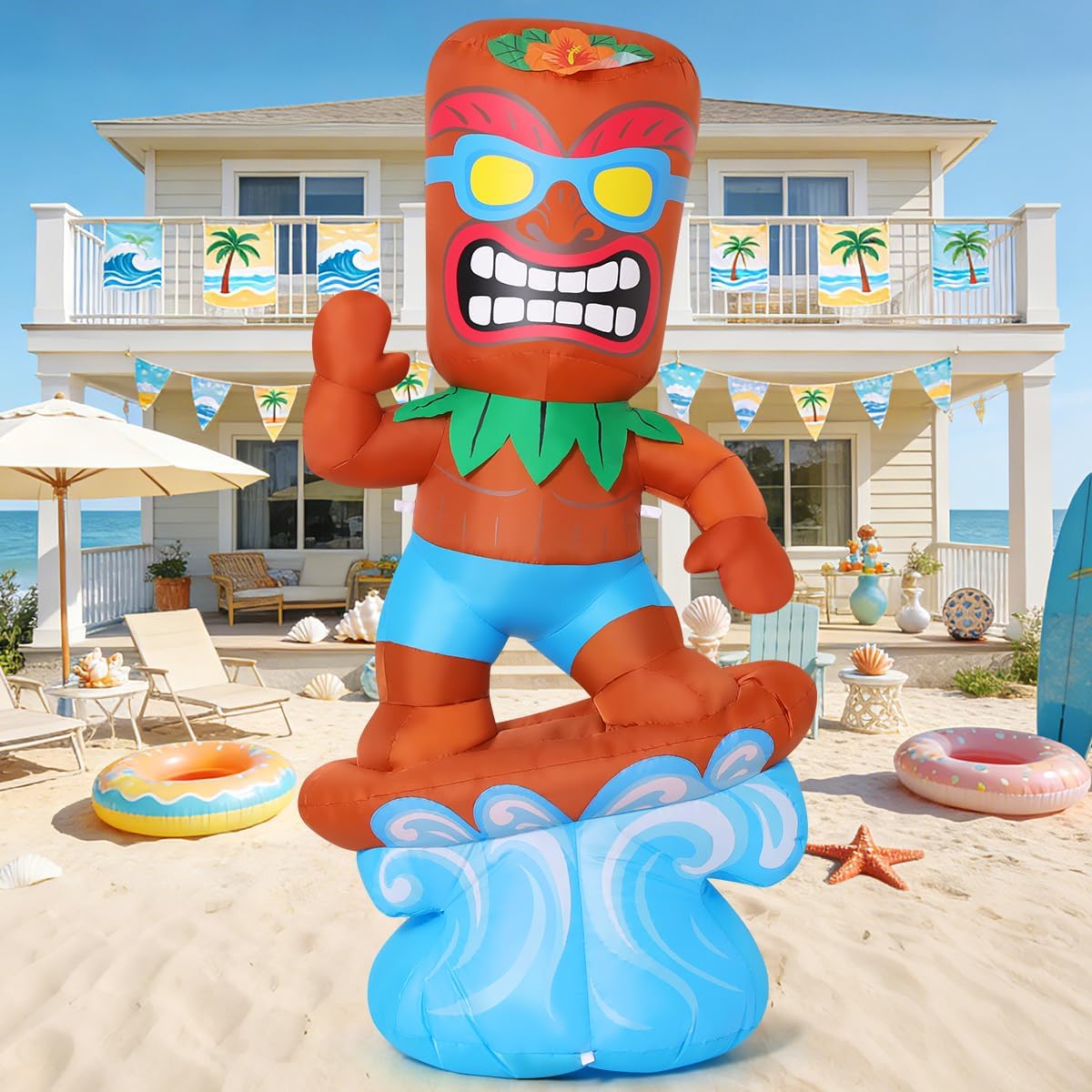 COMIN 6FT Inflatable Surfing Tiki Statue Hawaiian Luau Yard LEDs Decor