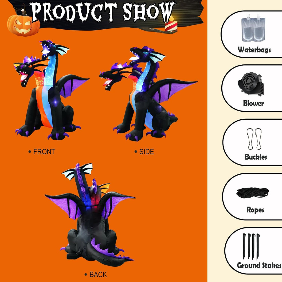 7ft tall halloween inflatables dragon with 2 heads, close-up detail