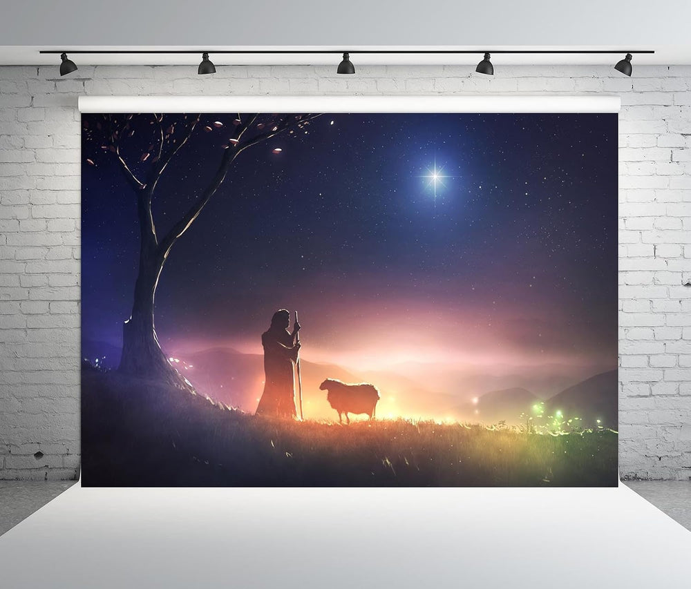 BELECO 12x10ft Fabric Bible Scene Shepherd and Sheep Backdrop Star of Bethleh...