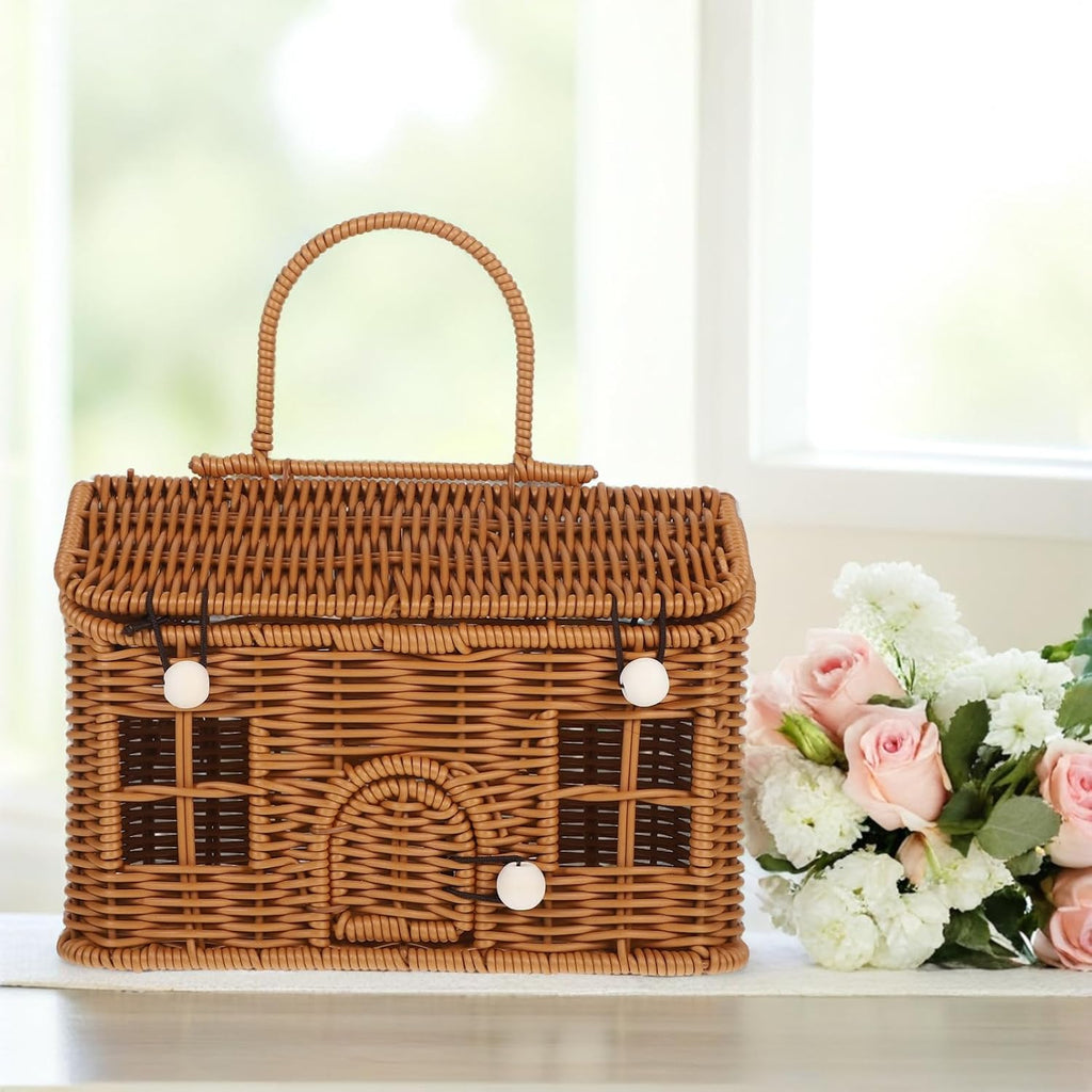 HANABASS House-Shaped Storage Basket with Lid, Brown PP Woven with Handle