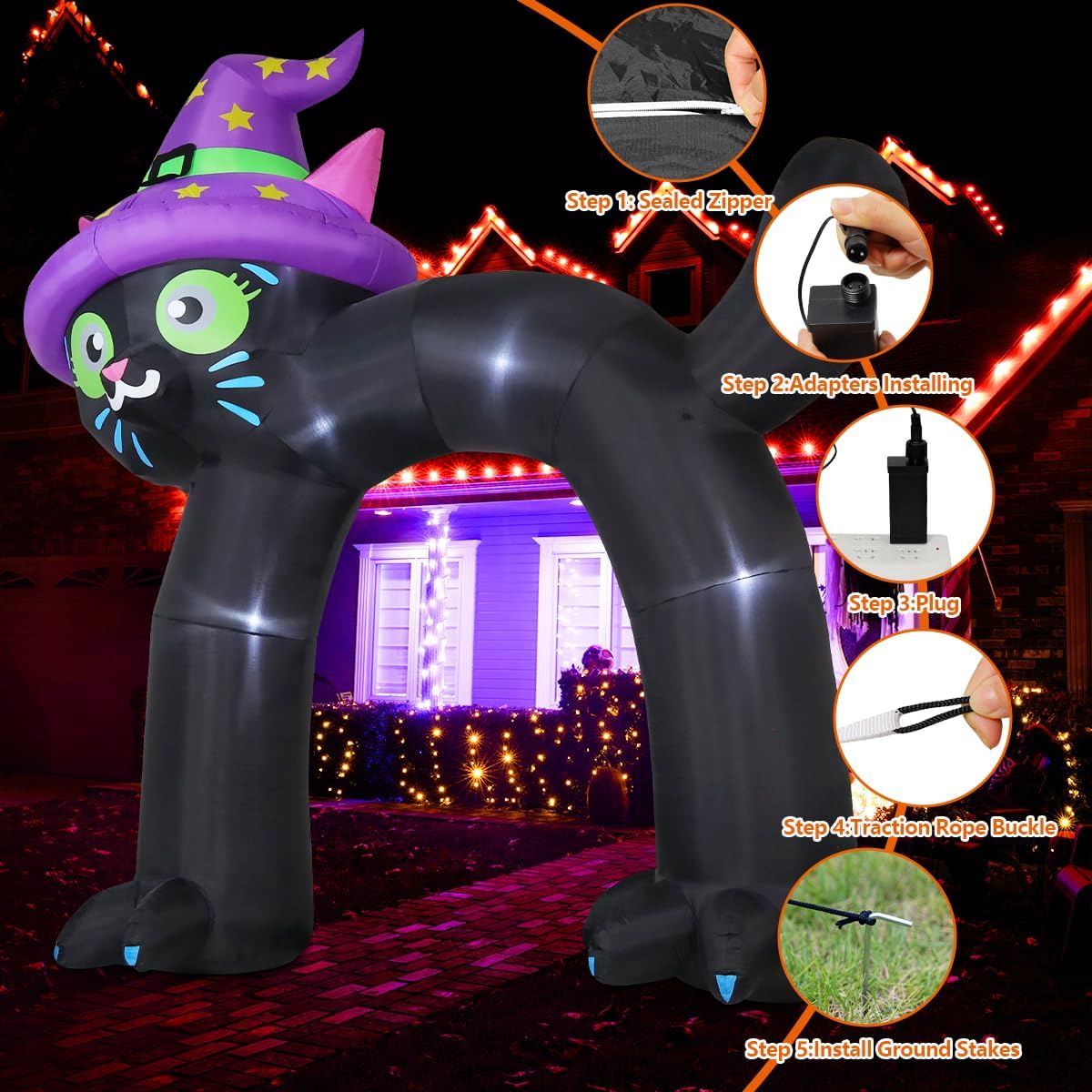 comin 14ft halloween inflatables outdoor decorations black cat, close-up detail