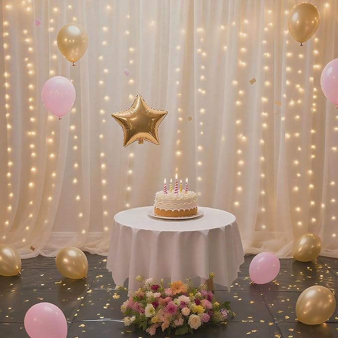 10×8ft Tulle Backdrop Curtains with Lights String - 300LED Fairy Lights Sheer Curtain Backdrop for Weddings Baby Shower and Birthday Party Decorations(6 Panels 5×8ft)