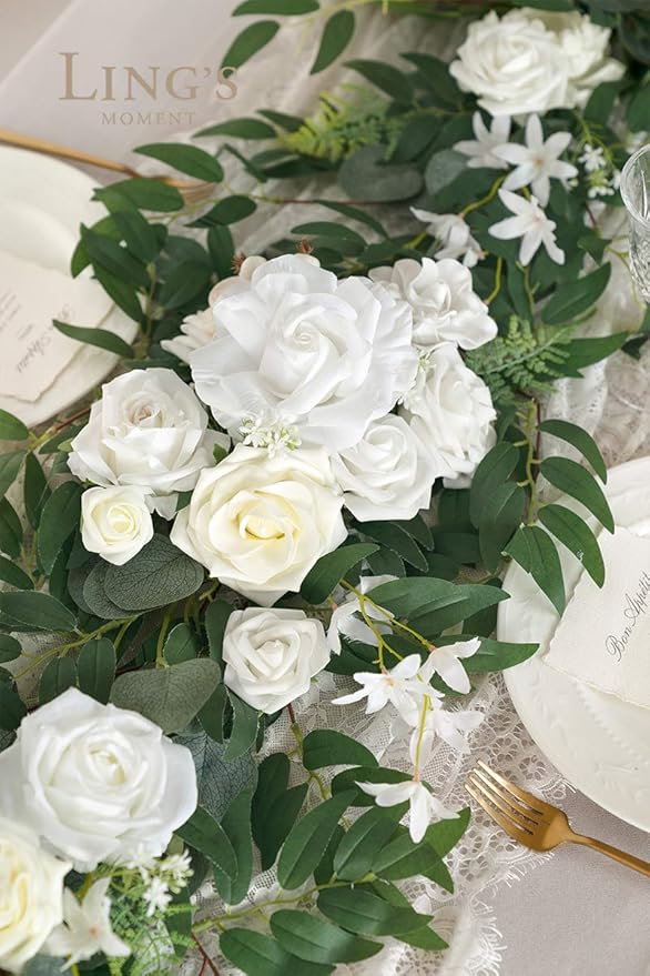 Ling's Moment Flower Garland - 6FT Eucalyptus & Rose - Sweetheart Table Decor for Wedding Reception, Artificial Floral Garland for Mantle, Spring Garden Ceremony, Christmas Decoration, Ivory White